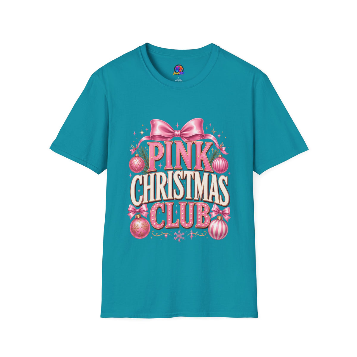 Pink Christmas Club T-Shirt — Womens Festive Holiday Tee with Bow & Ornaments