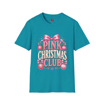 Pink Christmas Club T-Shirt — Womens Festive Holiday Tee with Bow & Ornaments