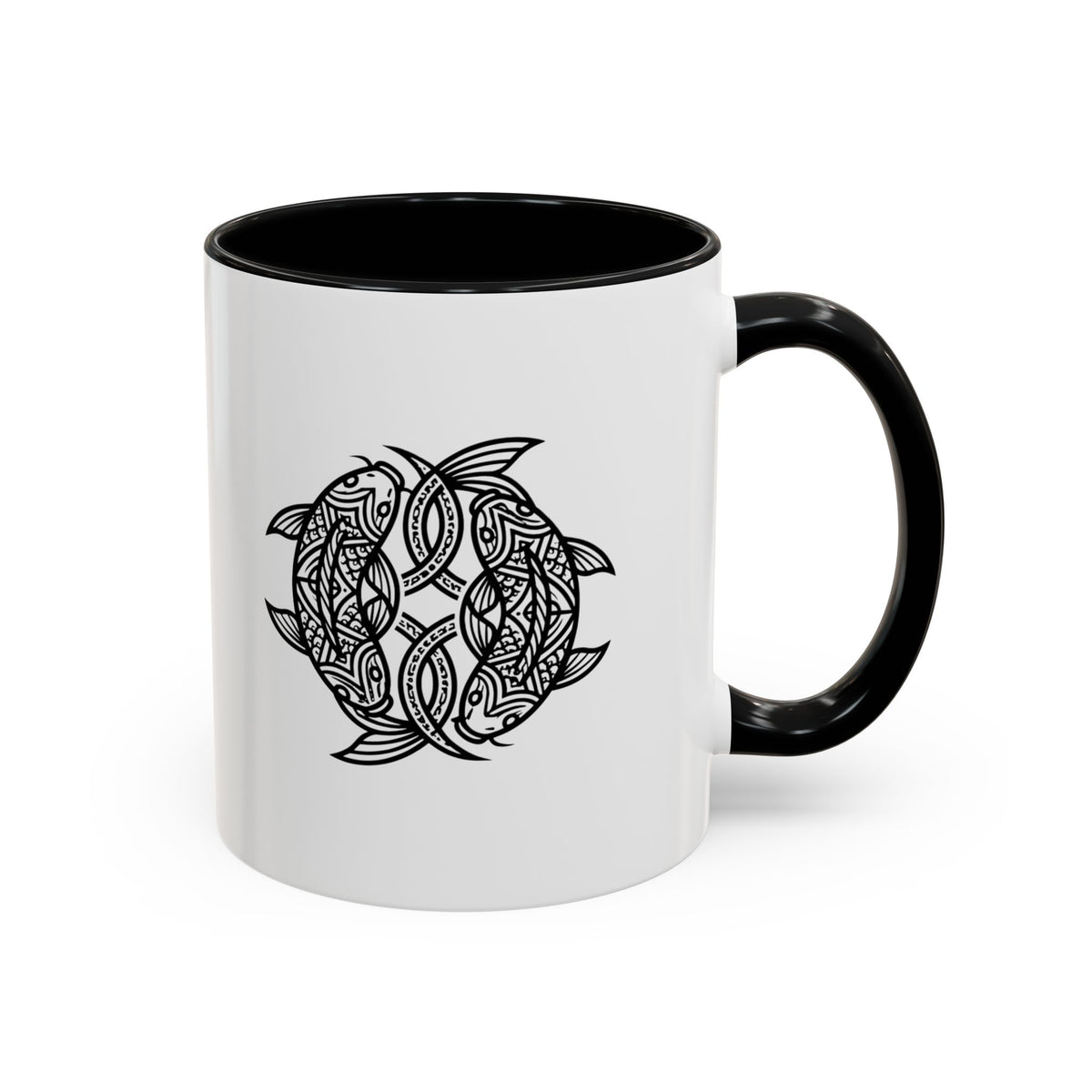 Pisces Zodiac Turtle Mandala Accent Coffee Mug – Black Interior & Handle, Intricate Tribal Sea Turtle Design
