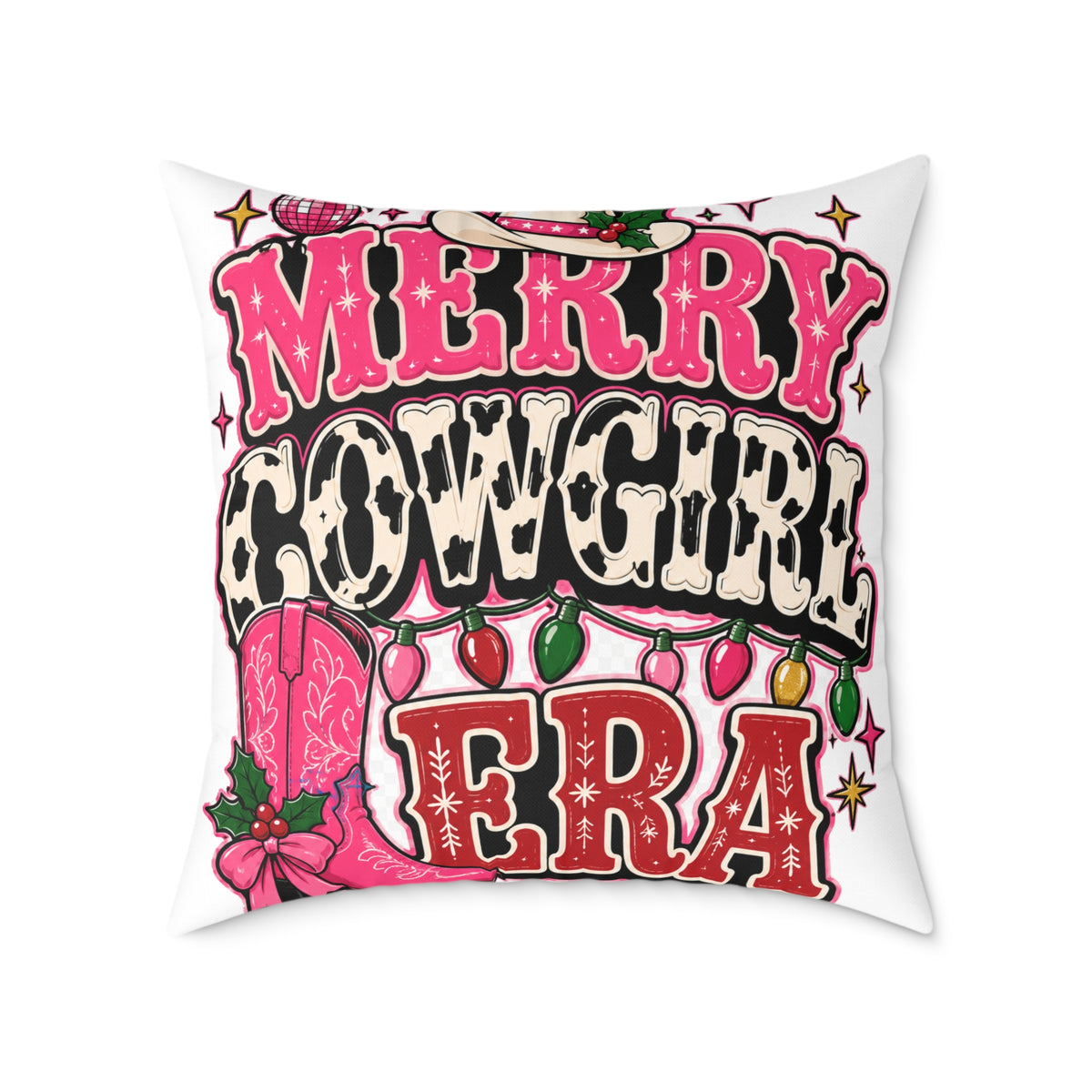 Merry Cowgirl Era Modern Day Christmas Square Poly Canvas Pillow