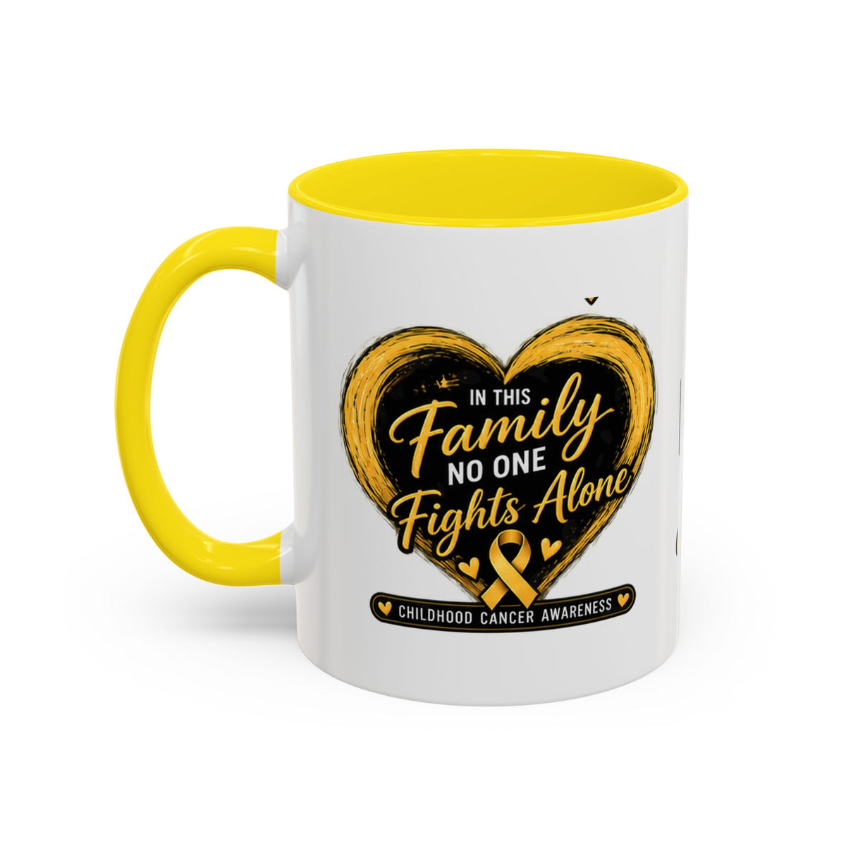 Childhood Cancer Awareness Accent Coffee Mug — "In This Family No One Fights Alone"
