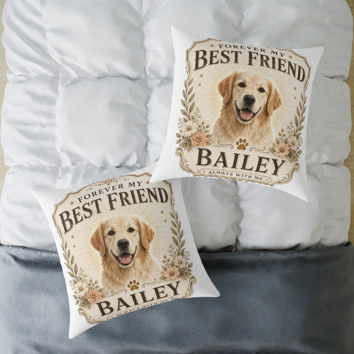 Milo Bailey Dog Dad Mom Square Pillow — "Forever My Best Friend" Personalized Dog Photo Pillow (Bailey)
