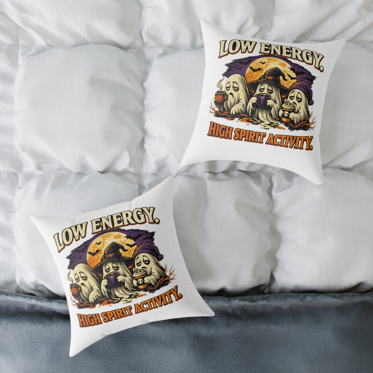 Halloween Pillow - "Low Energy, High Spirit Activity" Ghost & Witch Throw Pillow