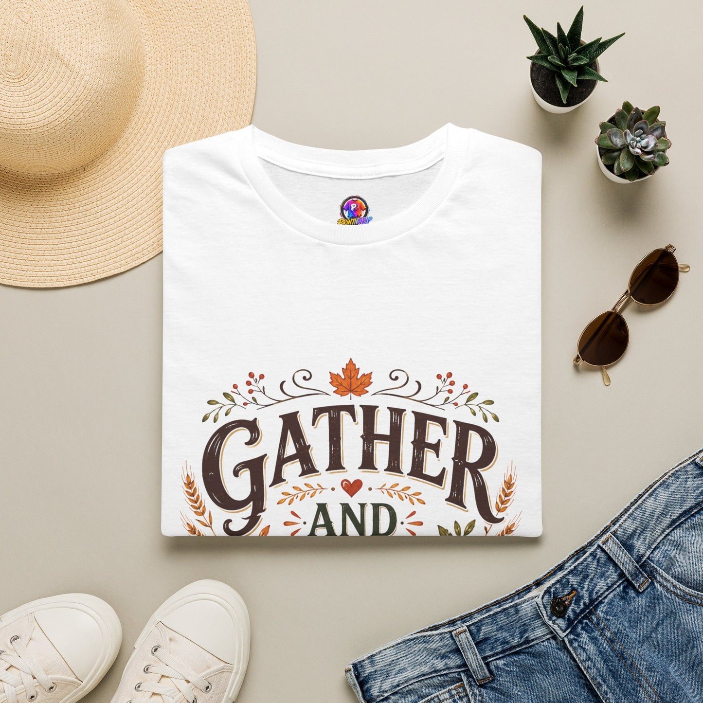 Gather and Give Thanks T-Shirt — Thanksgiving Fall Holiday Tee