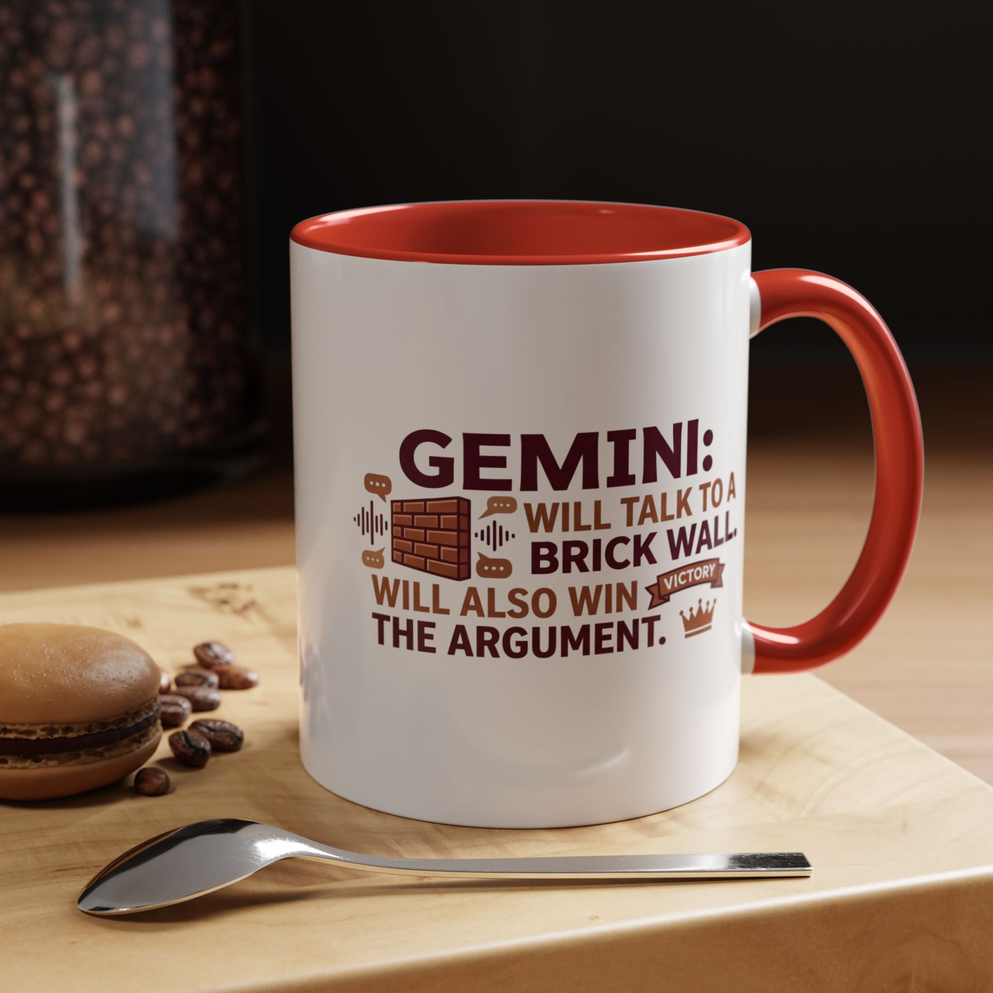 Gemini Coffee Mug — “Gemini: Will Talk to a Brick Wall, Will Also Win the Argument” Accent Mug