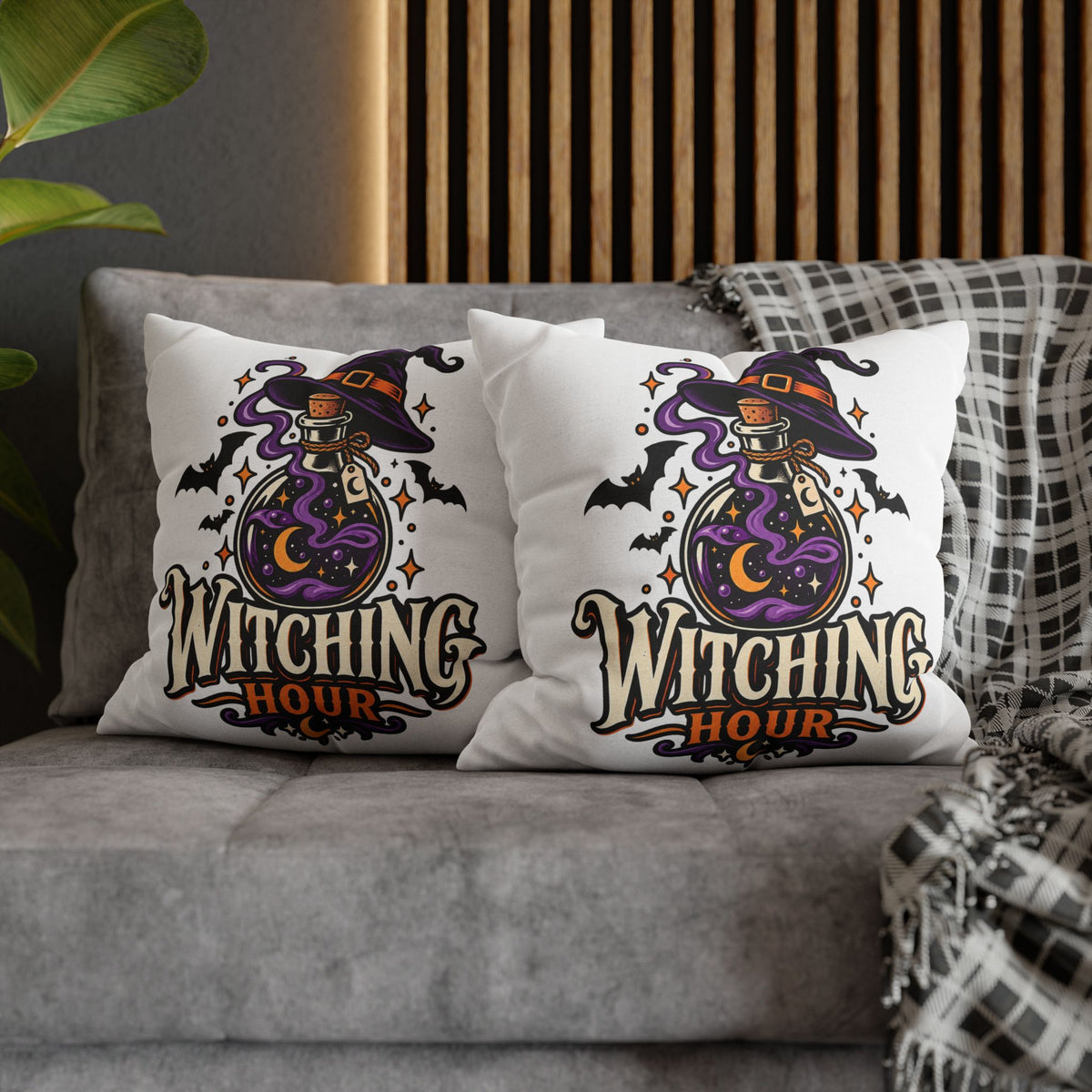 Witching Hour Square Pillowcase – Halloween Potion Witch Hat Throw Pillow Cover