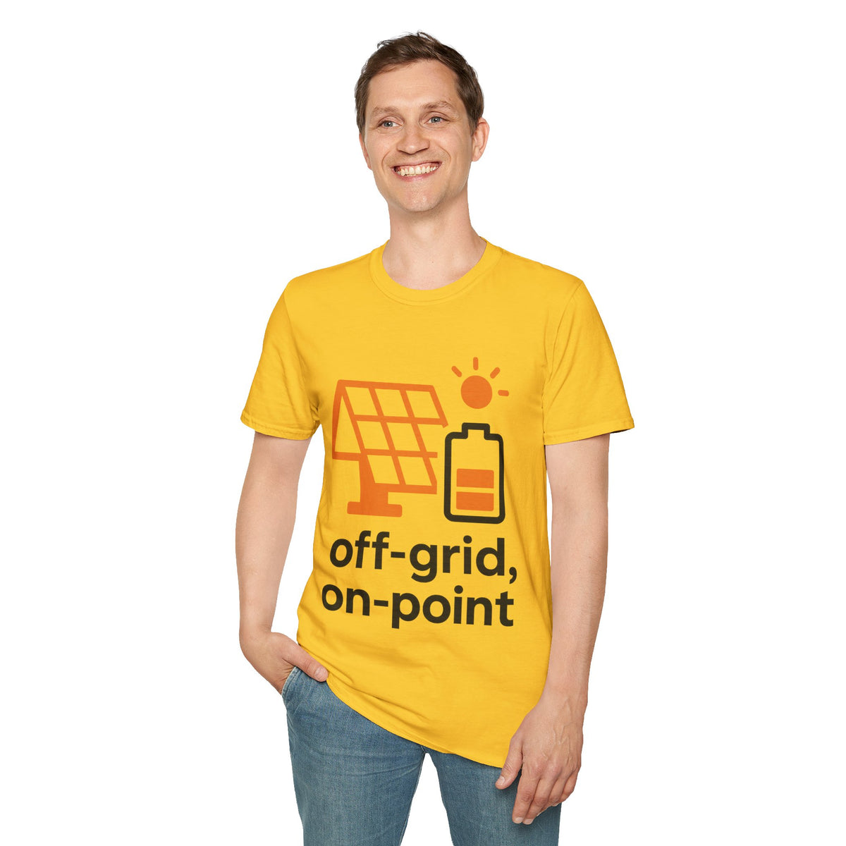 "Off-Grid, On-Point" Solar Power Graphic Tee - Sustainable Green Energy Eco White T-Shirt - Trending Now - September 2026