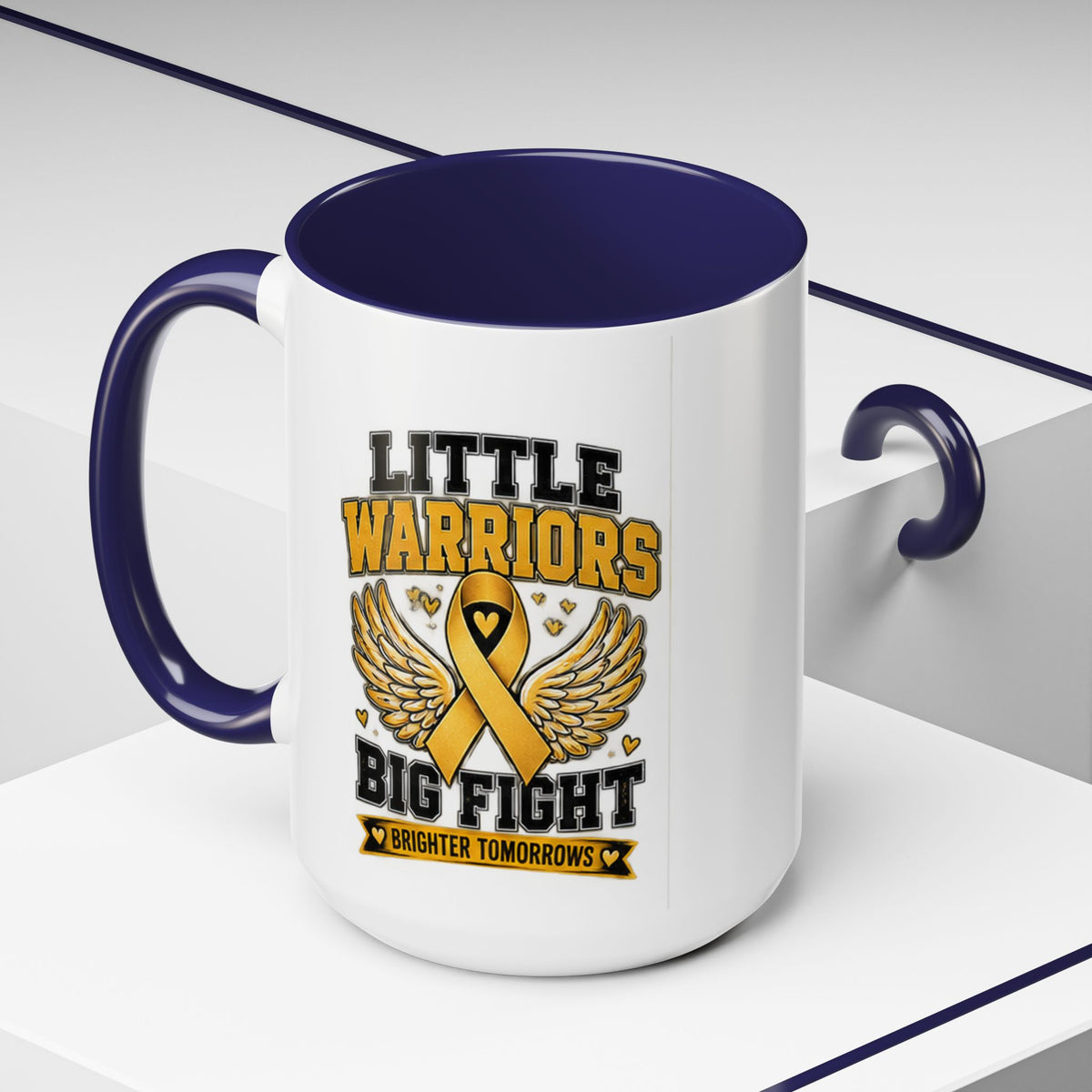 Little Warriors Big Fight Childhood Cancer Awareness Coffee Mug — Gold Ribbon Support Accent Mug
