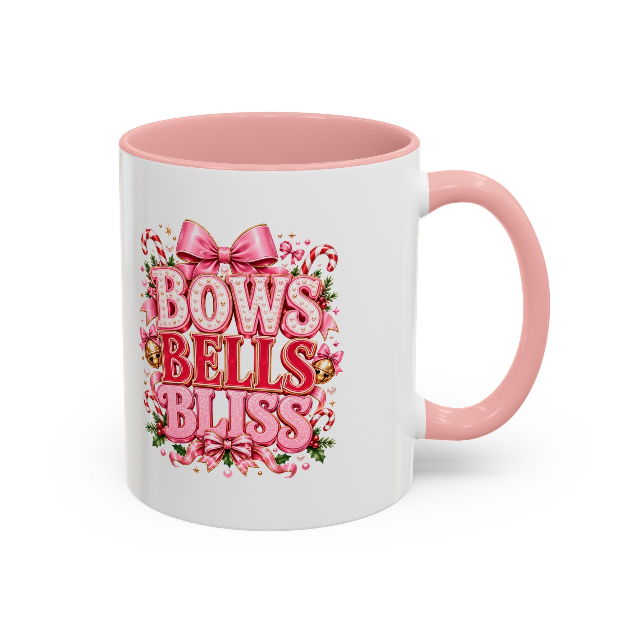 Modern Day Christmas Bows Bells Bliss Coffee Mug — Pink Holiday Accent Mug