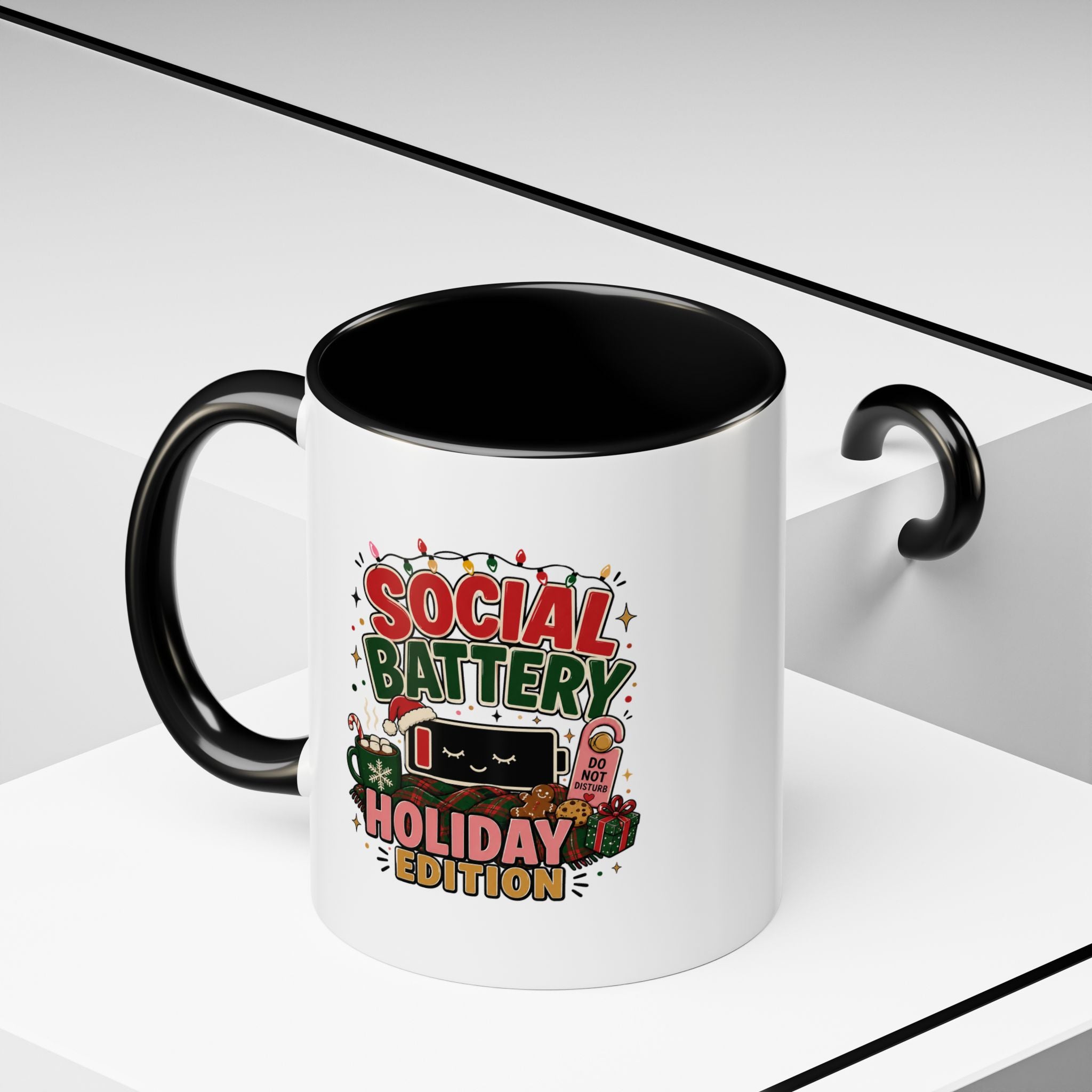 Modern Day Christmas Holiday Coffee Mug - "Social Battery: Holiday Edition" Accent Mug
