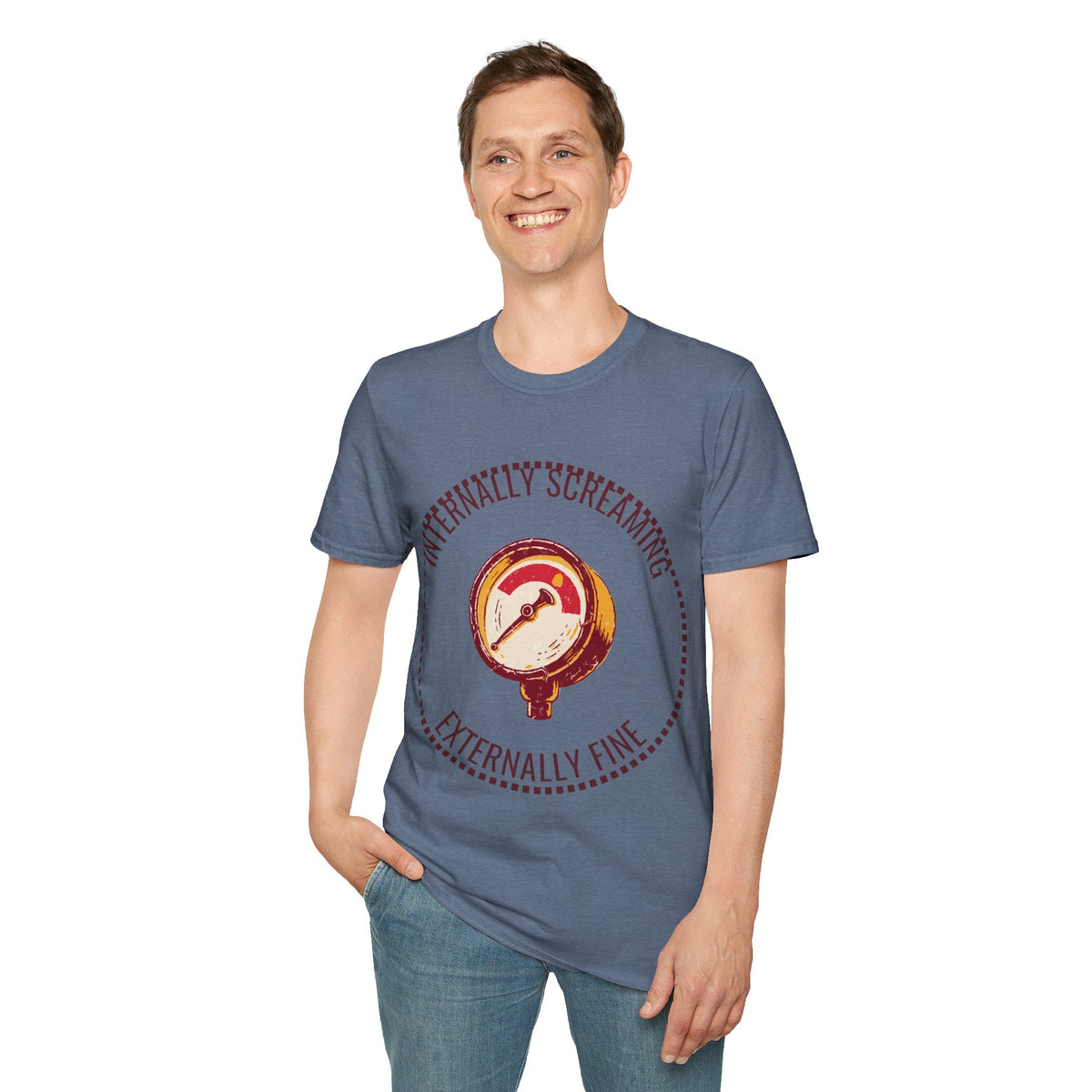 "Internally Screaming Externally Fine" Pressure Gauge Tee - Funny Relatable Stress White T-Shirt - Trending Now - September 2026