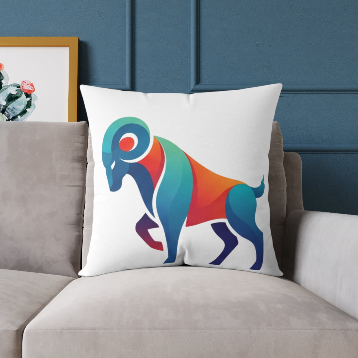 Aries Zodiac Ram Throw Pillow - Colorful Geometric Ram Accent Cushion for Living Room & Nursery