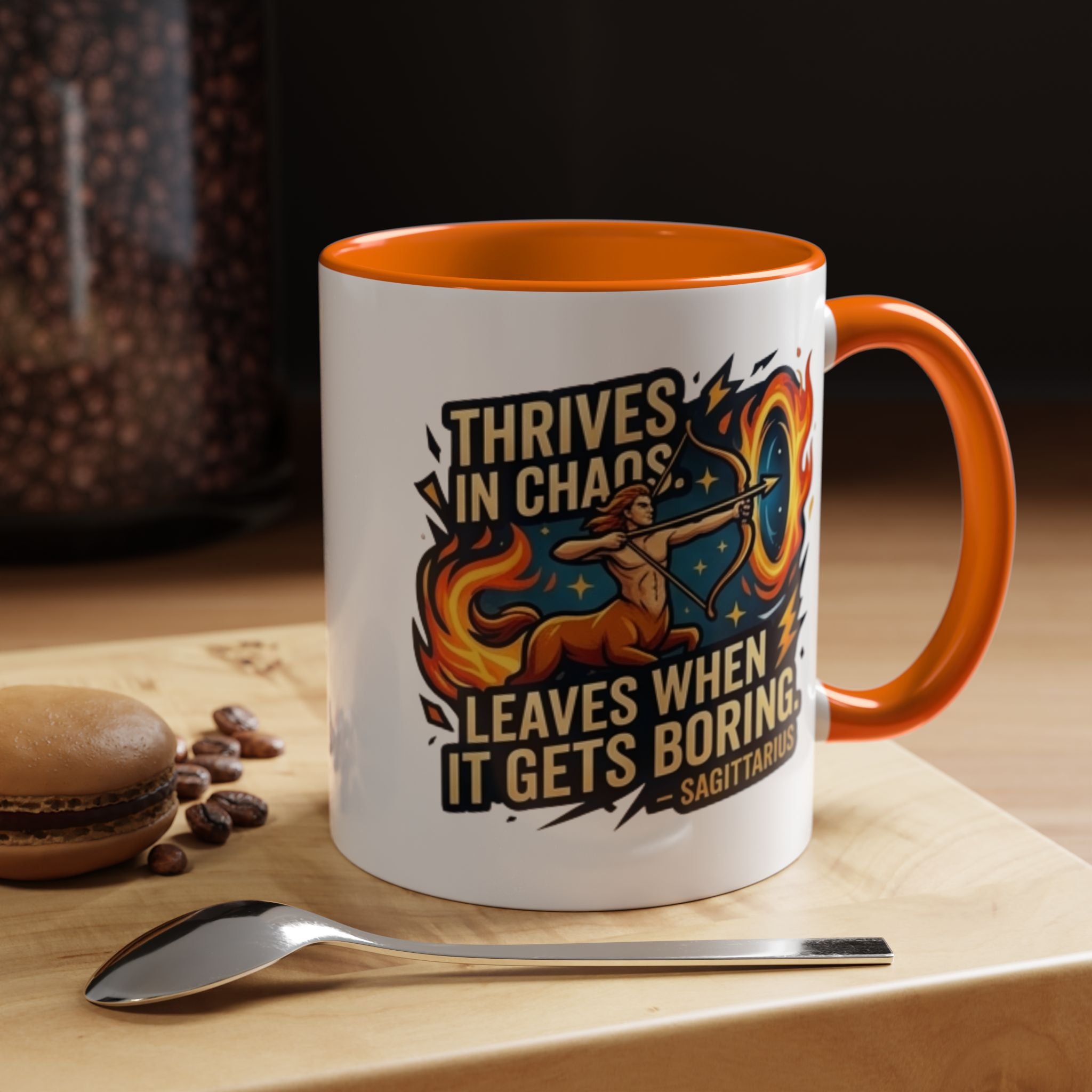 Sagittarius Coffee Mug – "Thrives in Chaos, Leaves When It Gets Boring" Accent Mug