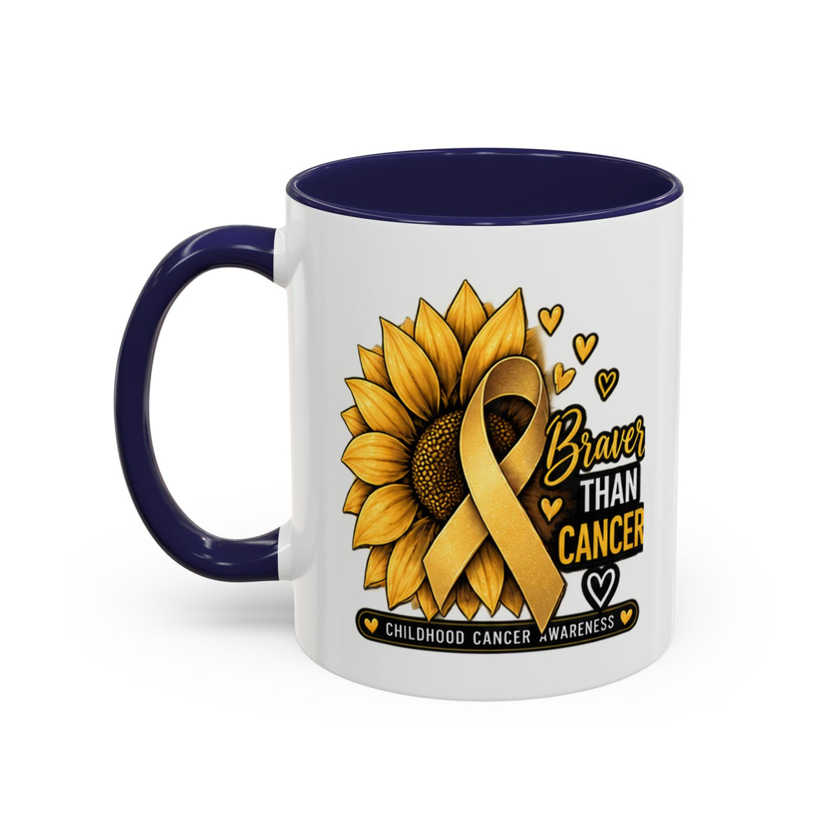 Childhood Cancer Awareness Mug — "Braver Than Cancer" Sunflower & Gold Ribbon