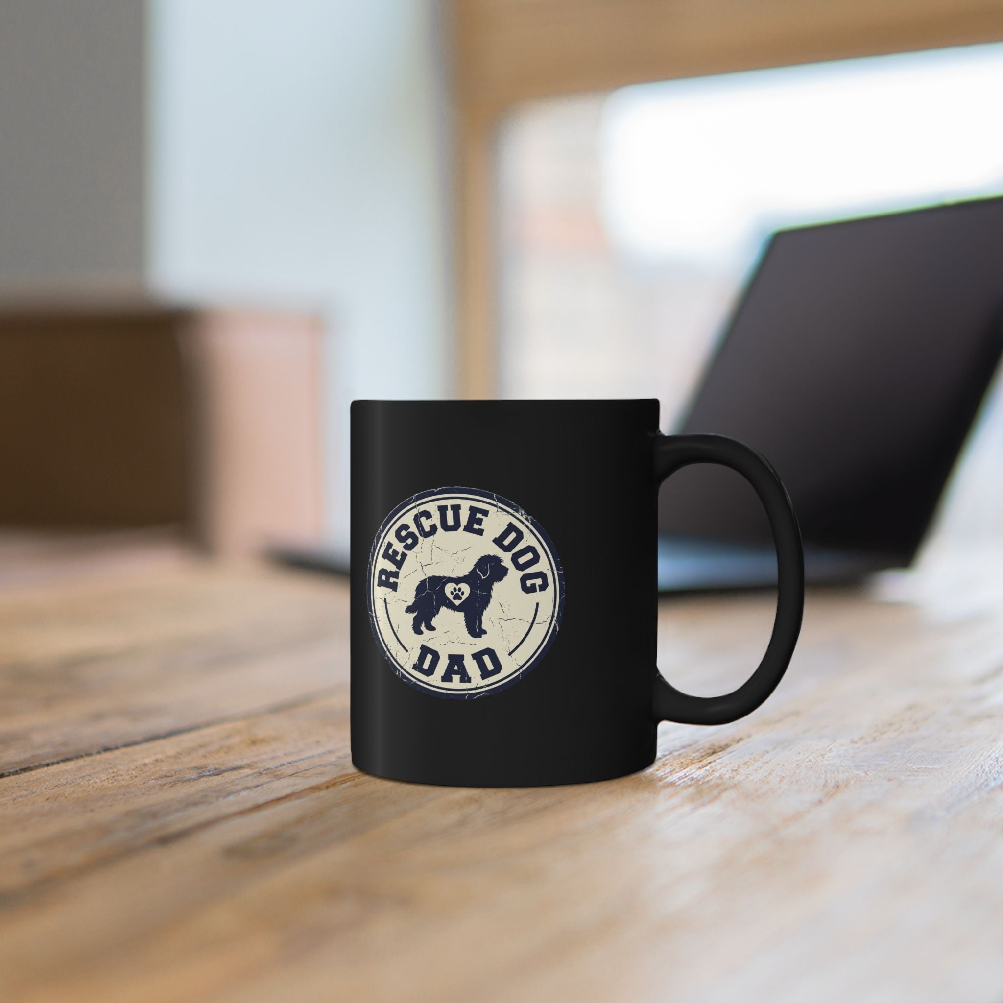 Funny Rescue Dog Dad Black Mug — Vintage Paw Print Coffee Cup