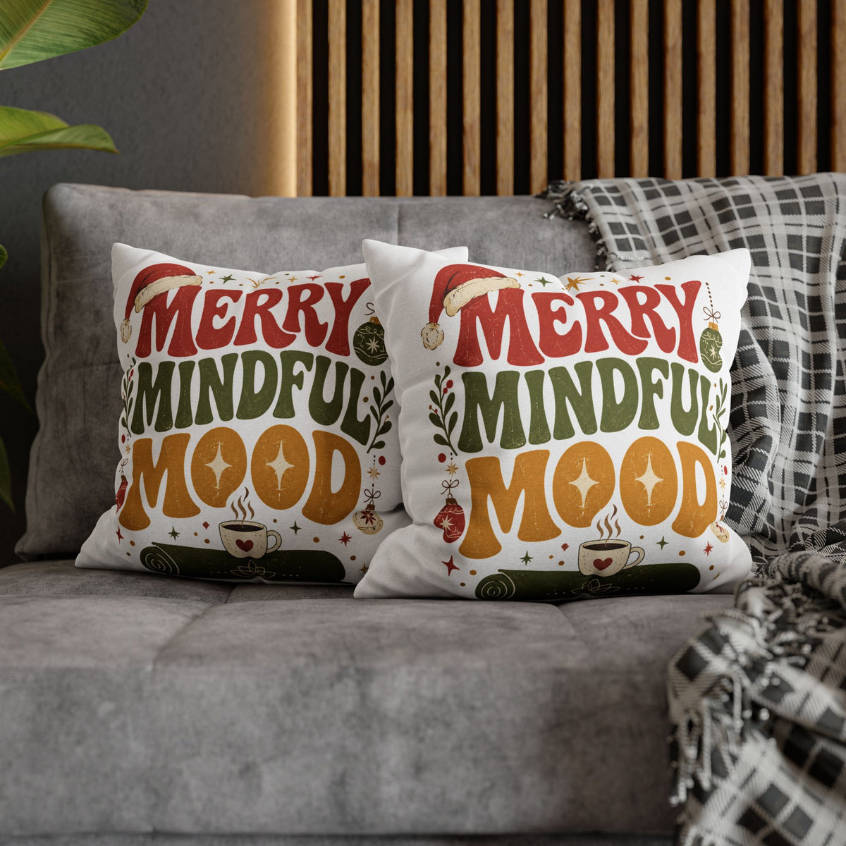 Merry Mindful Mood Holiday Pillowcase Modern Day Christmas  – Festive Christmas Decorative Cushion