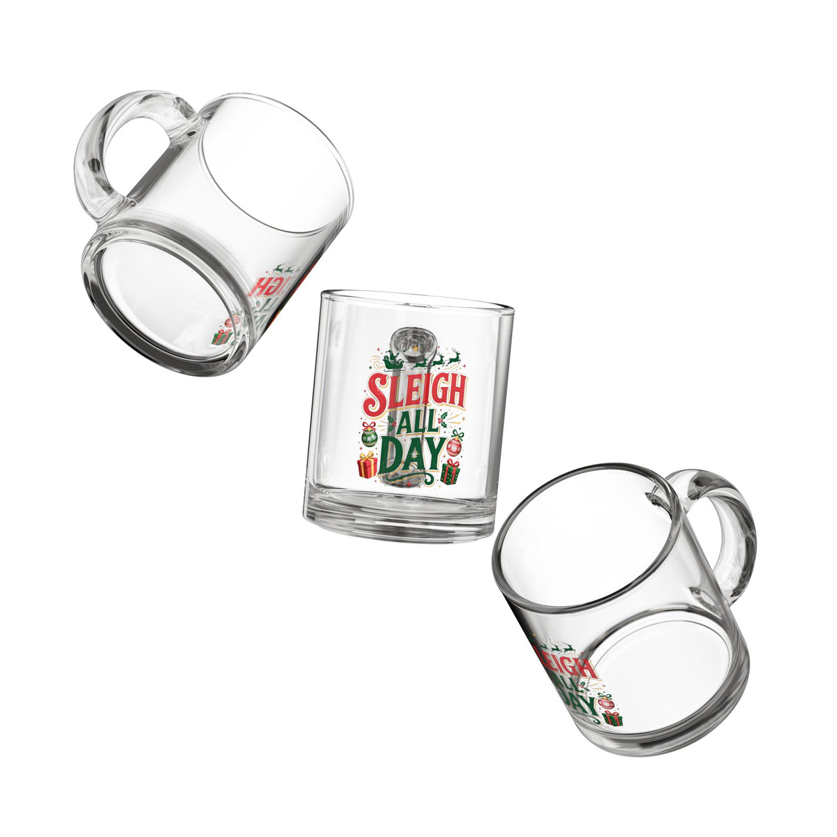 Christmas Glass Mug 10 oz Sleigh All Day Glass Mug — 10oz Christmas Holiday Coffee Cup