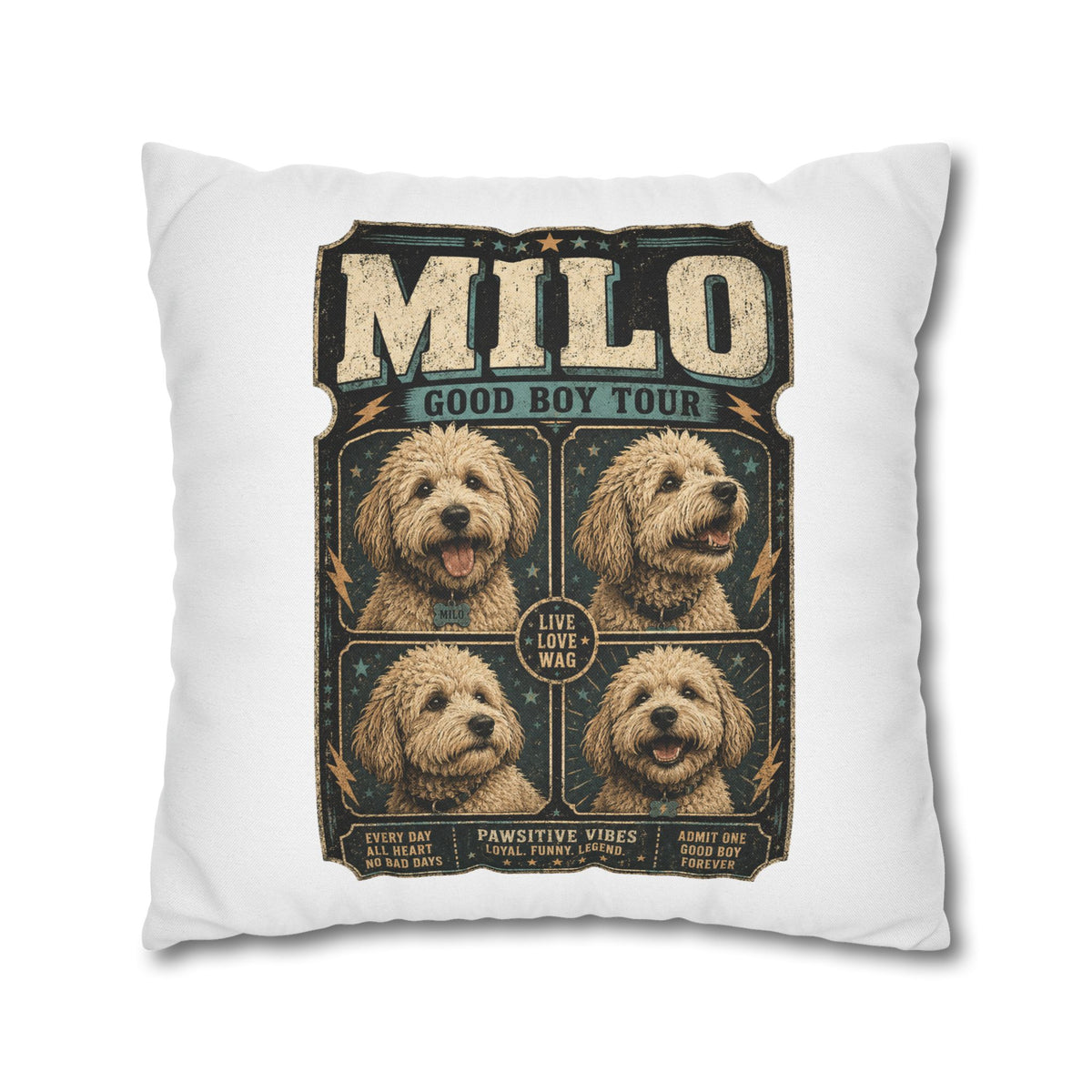 Milo "Good Boy Tour" Square Pillowcase — Cute Dog Portrait Decorative Pillowcase Milo Bailey Dog Dad Mom