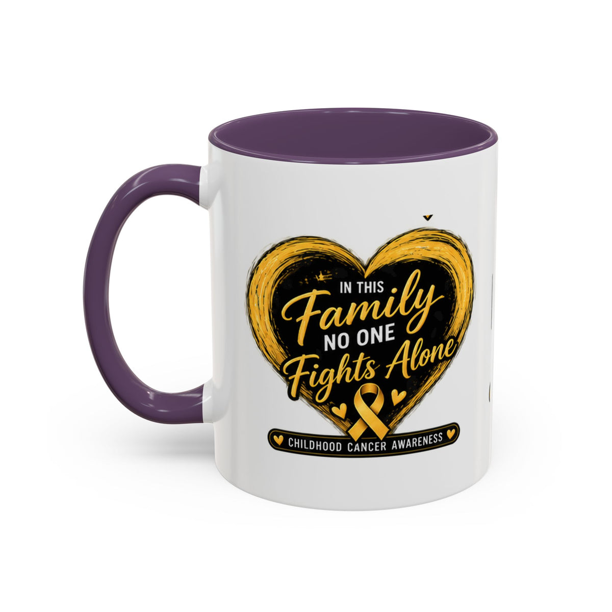 Childhood Cancer Awareness Accent Coffee Mug — "In This Family No One Fights Alone"