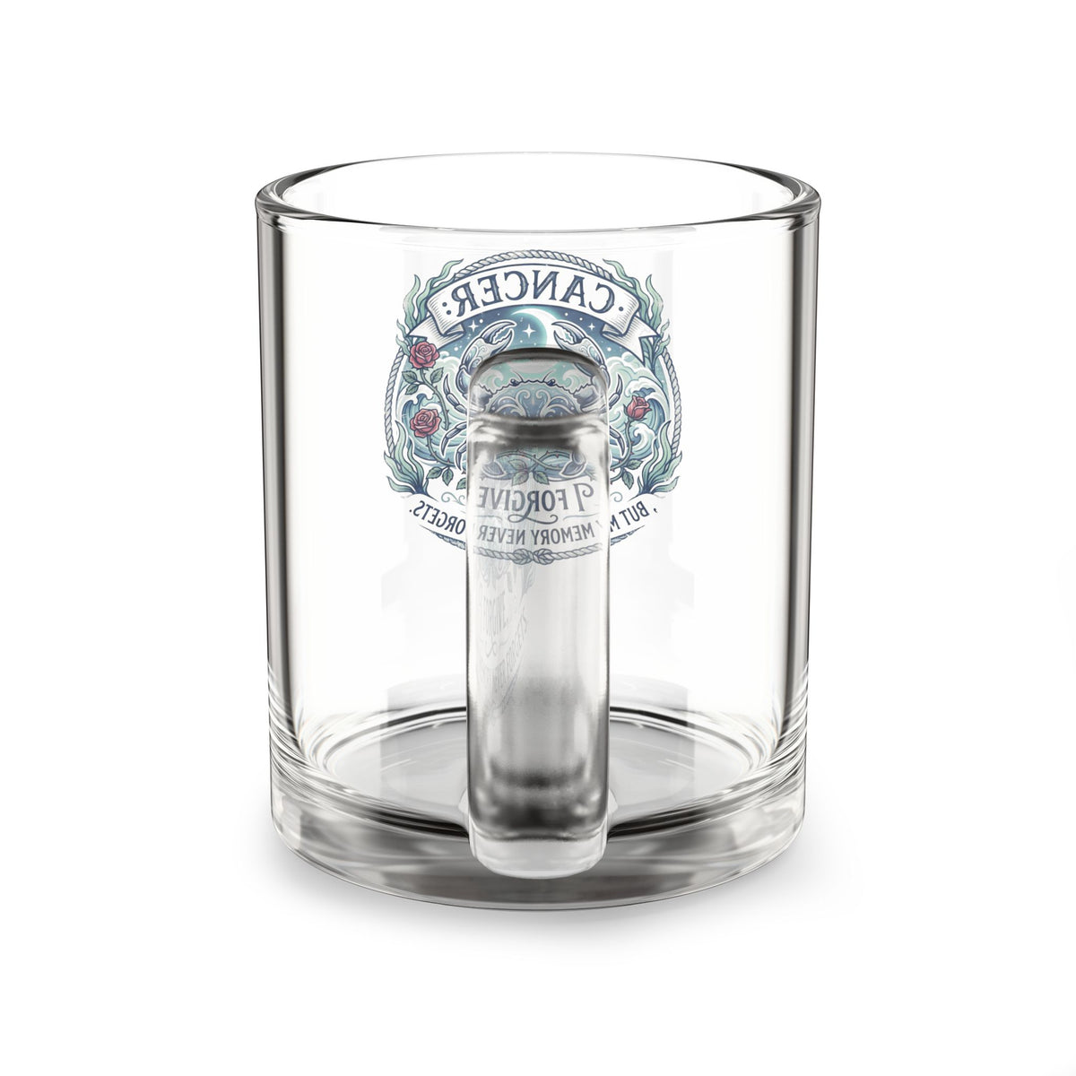 Cancer Zodiac Glass Mug — 10oz Crab Horoscope Design, "I Forgive But My Memory Never Forgets"
