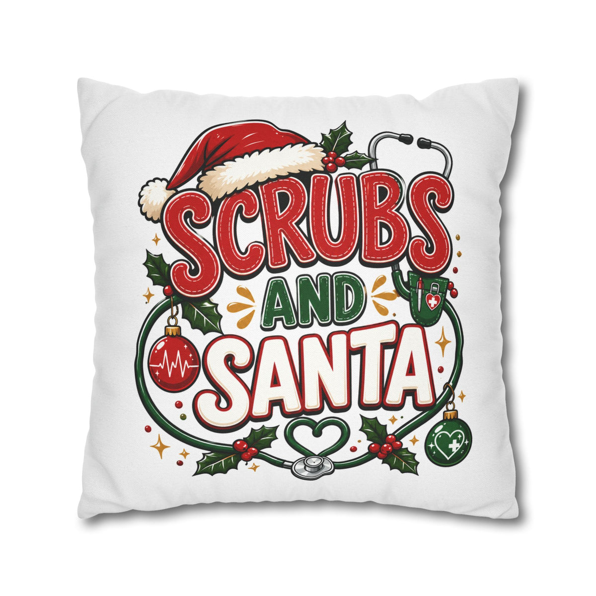 Christmas Scrubs and Santa Holiday Pillowcase – Christmas Nurse Decorative Throw Pillow Cover