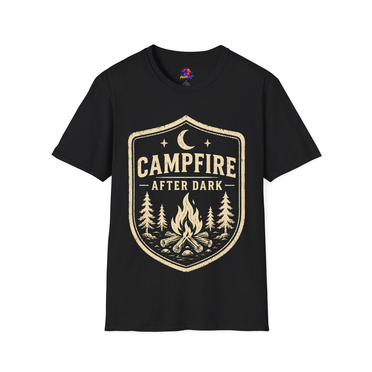 Campfire After Dark T-Shirt — Retro Camping Badge Tee for Outdoor Lovers