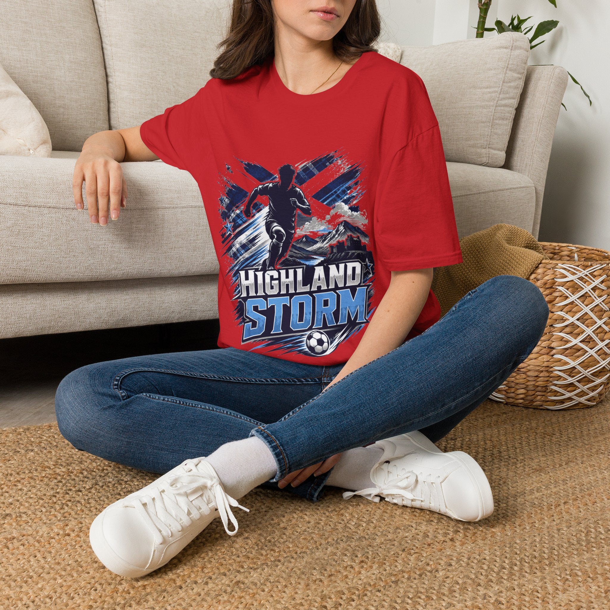 Scotland Highland Storm Soccer T-Shirt — Mountain Soccer Player Graphic Tee