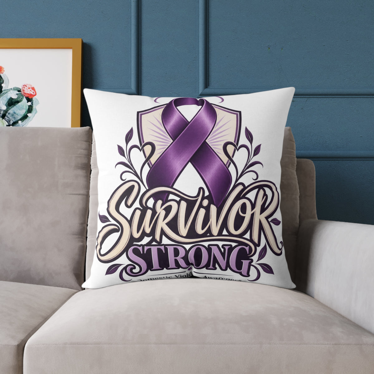 Survivor Strong Purple Ribbon Square Pillow — Domestic Violence Awareness Support Home Decor
