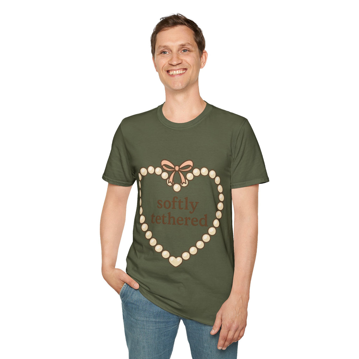 "Softly Tethered" Pearl Heart Ribbon Tee - Cute Coquette Bow Aesthetic White T-Shirt - Trending Now - September 2026