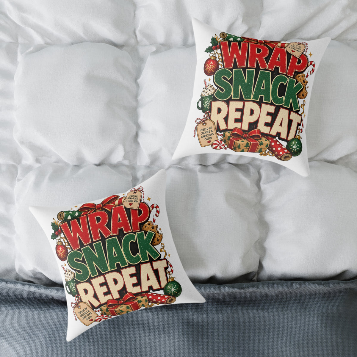 Christmas Holiday Pillow - "Wrap Snack Repeat" Christmas Decorative Throw Pillow