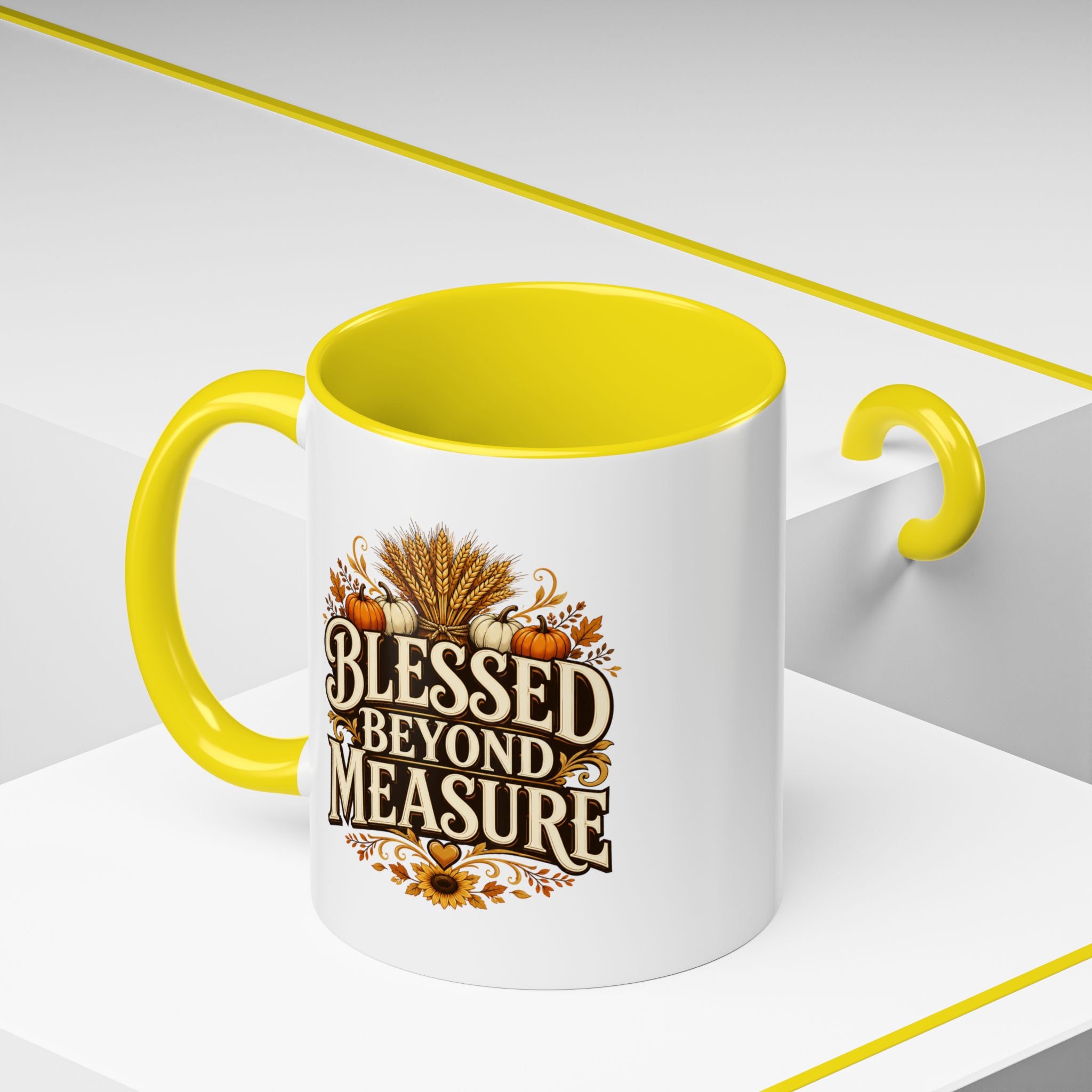 Thanksgiving Mug Blessed Beyond Measure Accent Coffee Mug — Fall Pumpkin & Wheat Autumn Faith Mug