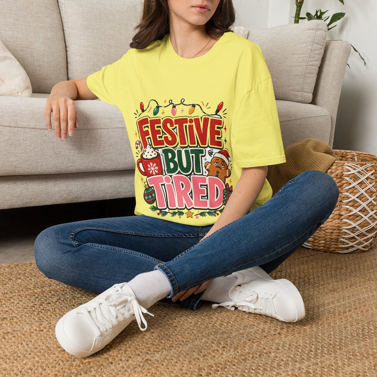 Festive But Tired T-Shirt — Holiday Christmas Crew Tee with Lights & Gingerbread