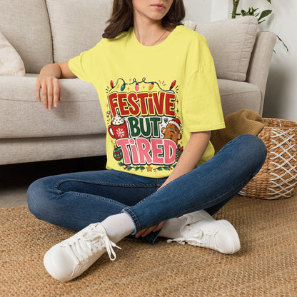 Festive But Tired T-Shirt — Holiday Christmas Crew Tee with Lights & Gingerbread