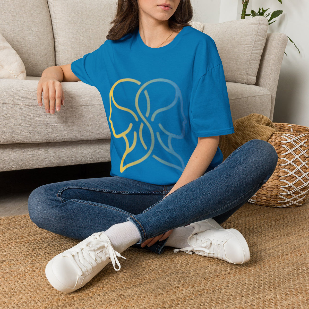 Twin Profile Line Art T‑Shirt — Gradient Sisterhood Outline Tee