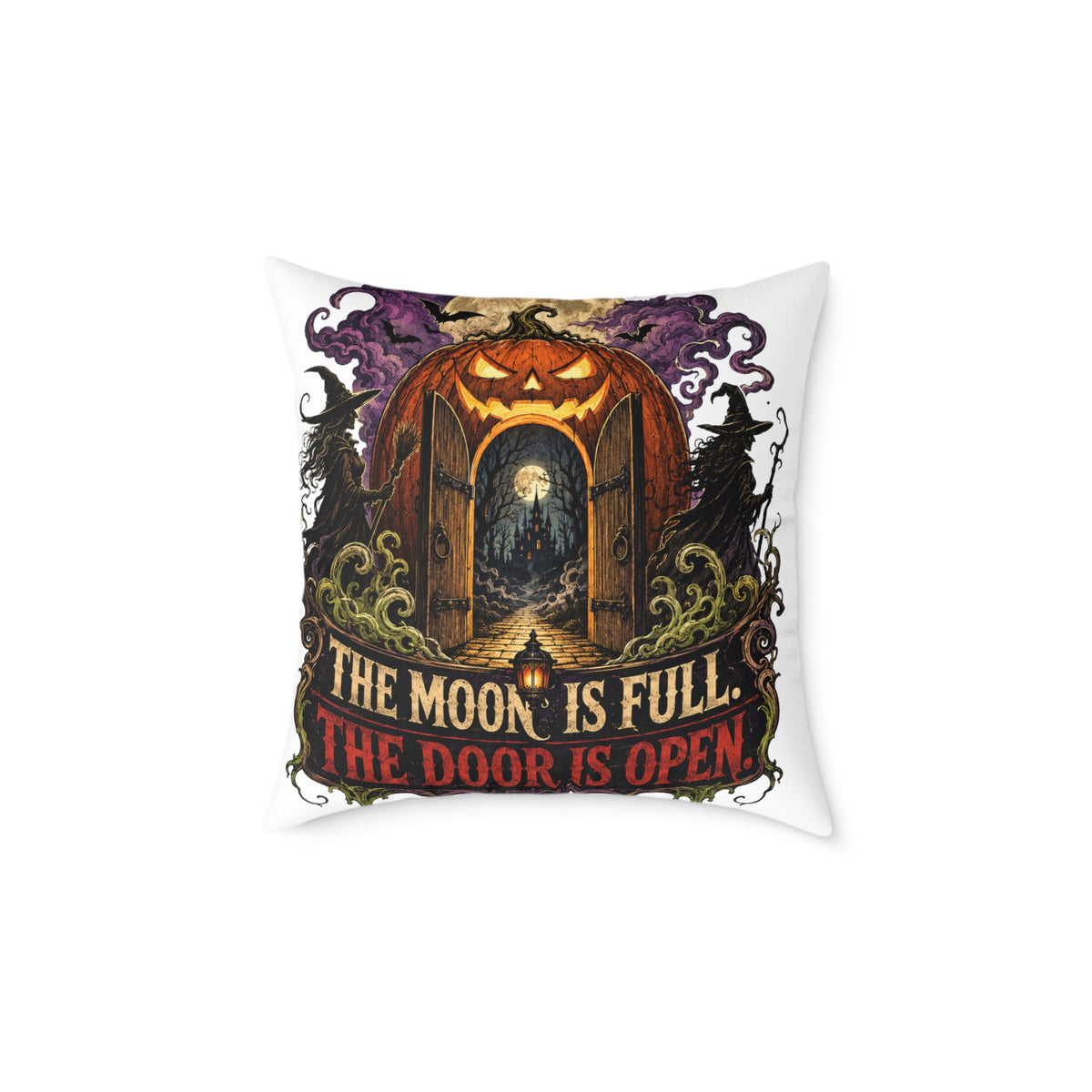 Halloween Pumpkin Door Pillow — "The Moon Is Full, The Door Is Open" Decorative Throw Pillow