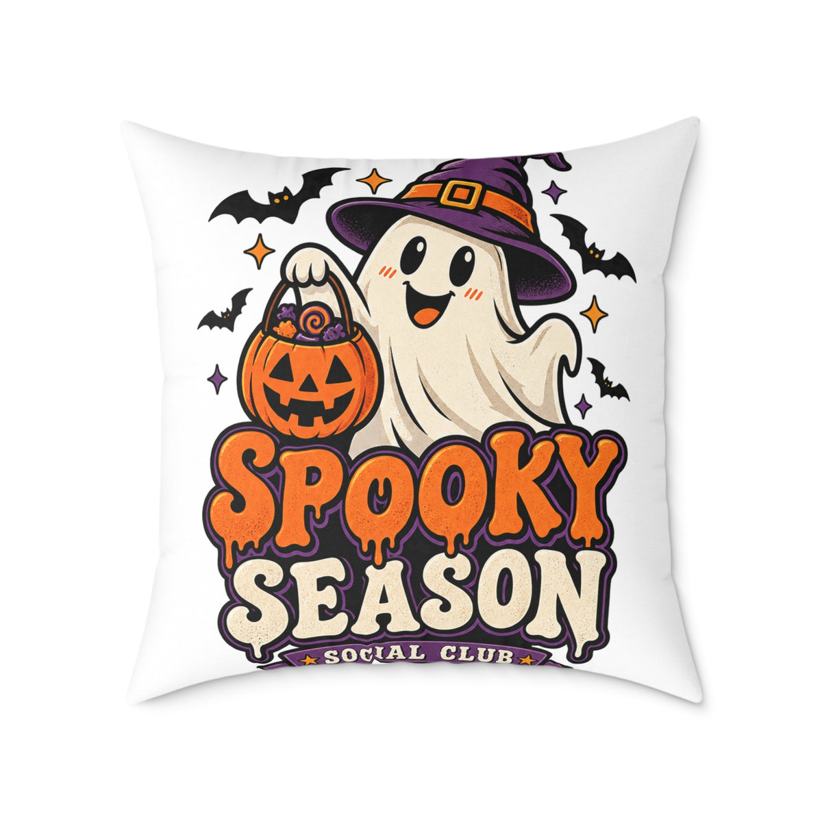 Spooky Season Halloween Pillow - Cute Ghost & Pumpkin Square Throw Pillow