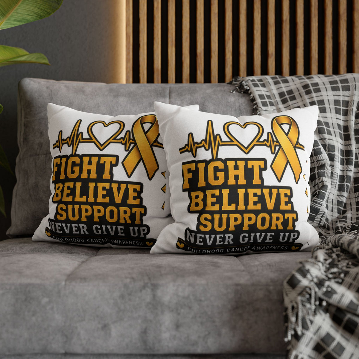 Childhood Cancer Awareness Pillow — "Fight Believe Support Never Give Up" Gold Ribbon Decorative Throw Pillow