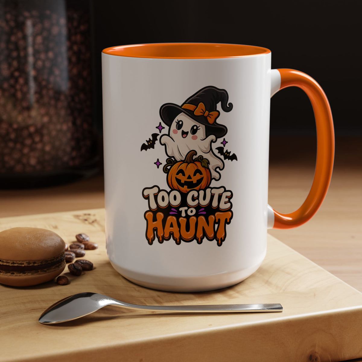 Halloween Coffee Mug - 'Too Cute to Haunt' Ghost Pumpkin Accent Mug