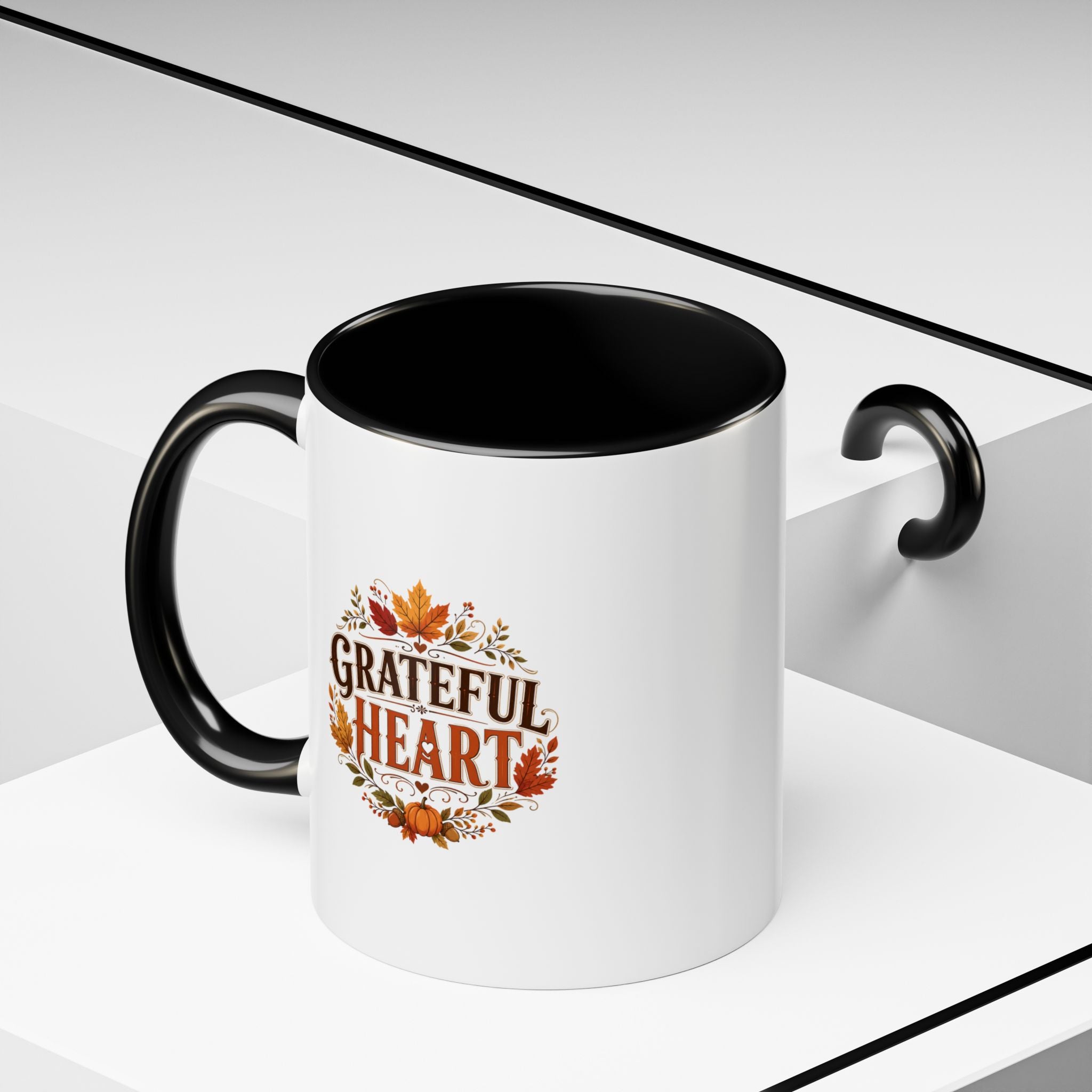 Thanksgiving Mug Grateful Heart Coffee Mug — Fall Leaves Pumpkin Accent Mug