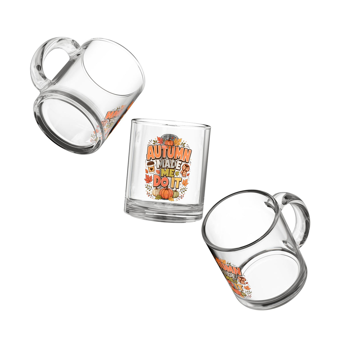 Glass Mug — Thanksgiving  Glass Mug — "Autumn Made Me Do It" Fall Coffee Cup | 10oz Seasonal Pumpkin Leaves Design