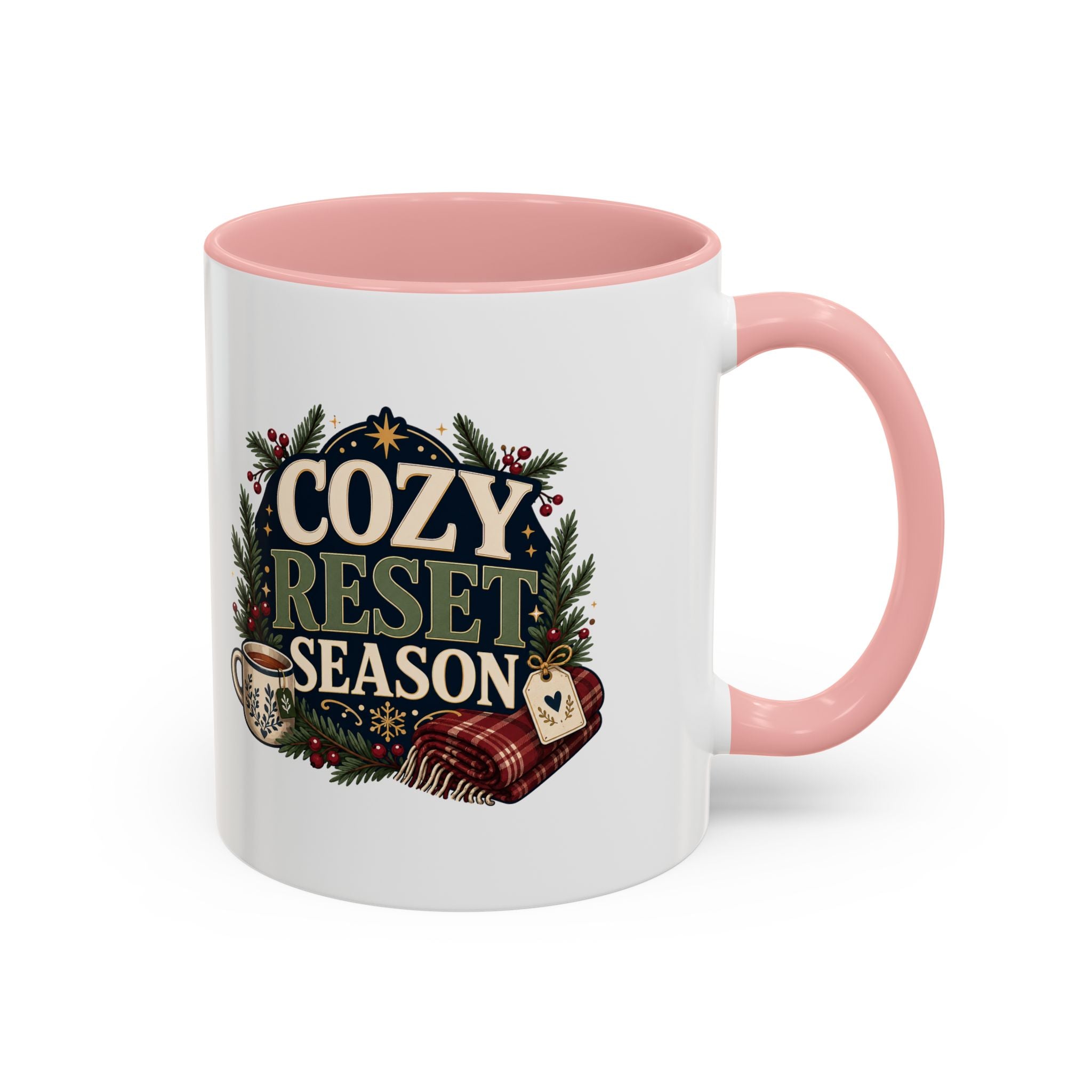 Modern Day Christmas Cozy Reset Season Mug — Holiday Coffee Cup with Blanket & Tea Tag Design