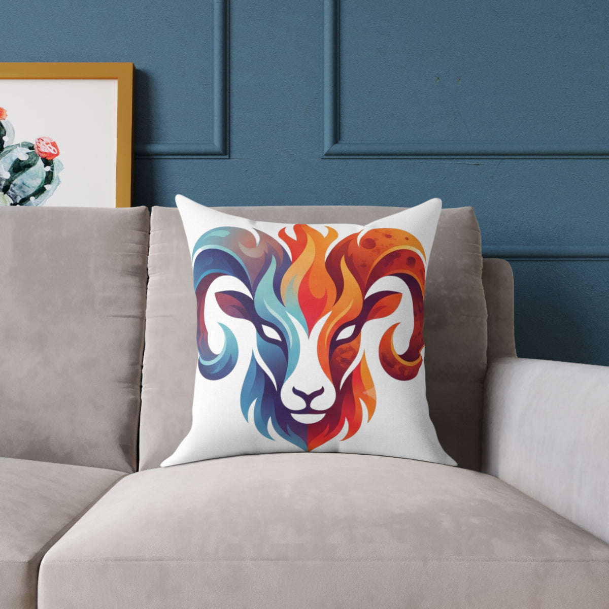 Aries Zodiac Flame Ram Art Pillow – Colorful Zodiac Aries Throw Pillow