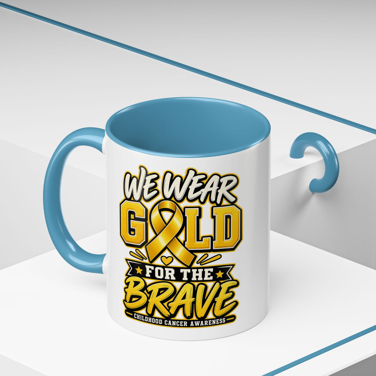 Childhood Cancer Awareness Accent Coffee Mug – "We Wear Gold for the Brave" (11/15 oz)