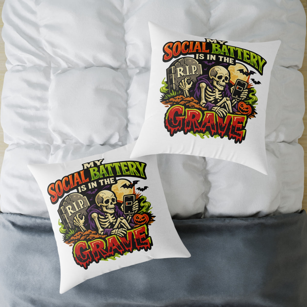 Halloween Skeleton Pillow - "My Social Battery Is In The Grave" Decorative Throw Pillow
