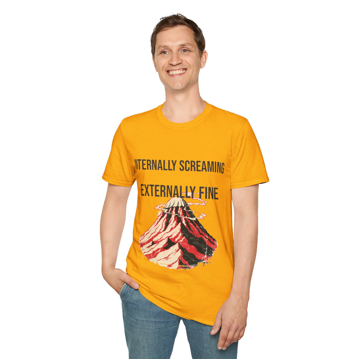 "Internally Screaming Externally Fine" Melting Volcano Tee - Funny Relatable Aesthetic White T-Shirt - Trending Now - September 2026