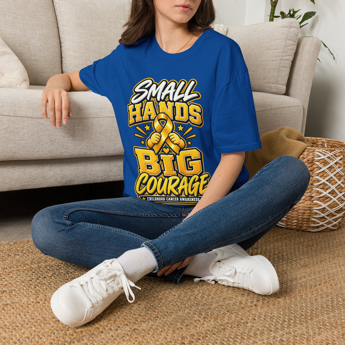 Children's Cancer Awareness T-Shirt — "Small Hands Big Courage" Yellow Ribbon
