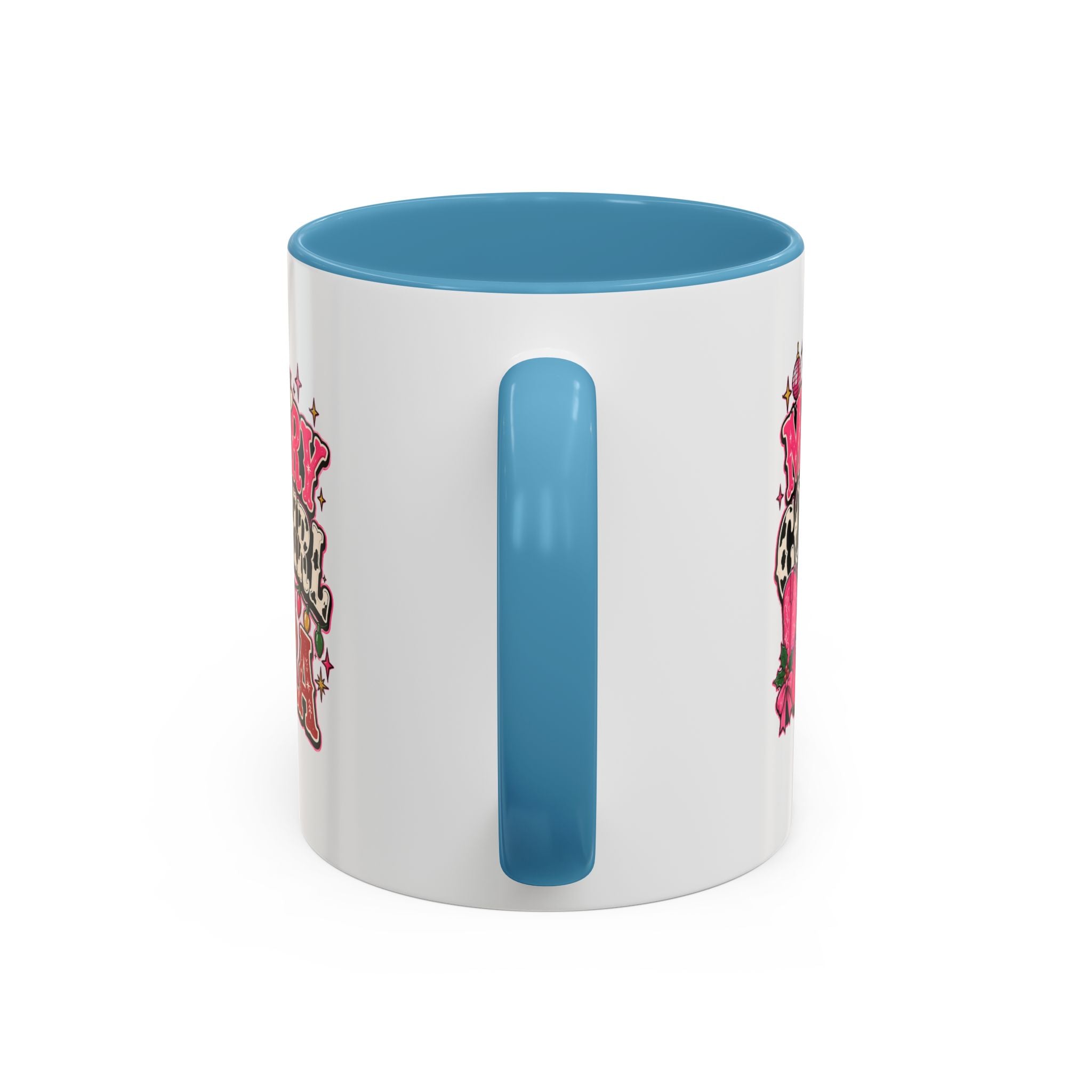 Modern Day Christmas Merry Cowgirl Era Accent Coffee Mug — Festive Pink Western Cowboy Boots & Hat Mug