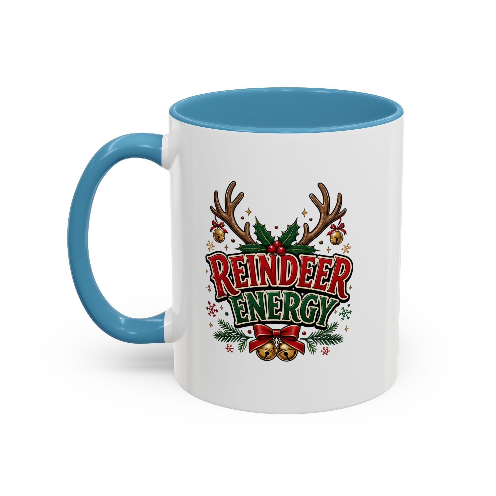Reindeer Energy Coffee Mug – Holiday Christmas Antlers & Bells Accent Mug