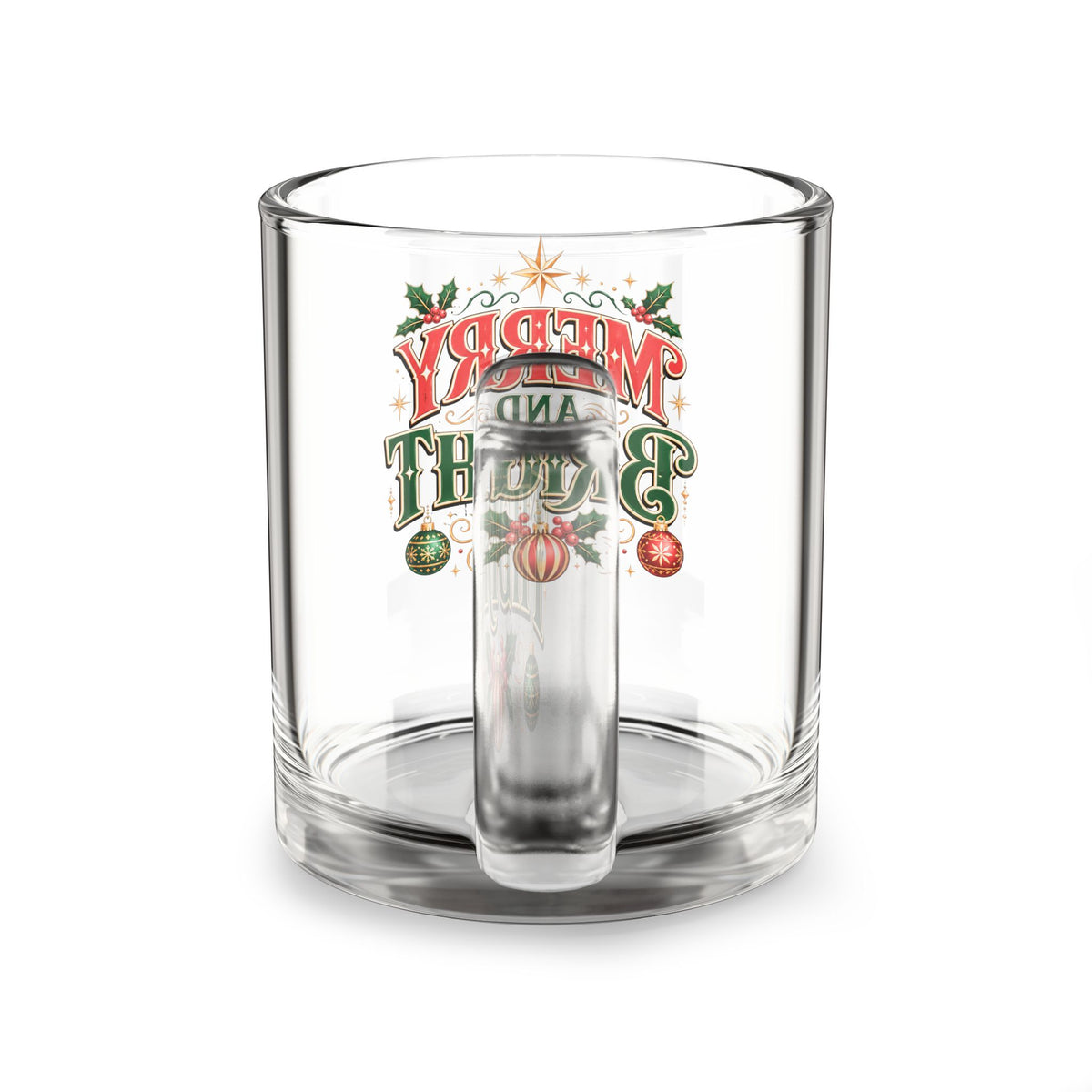 Christmas Glass Mug 10 oz Merry and Bright Glass Mug — 10oz Holiday Coffee Cup