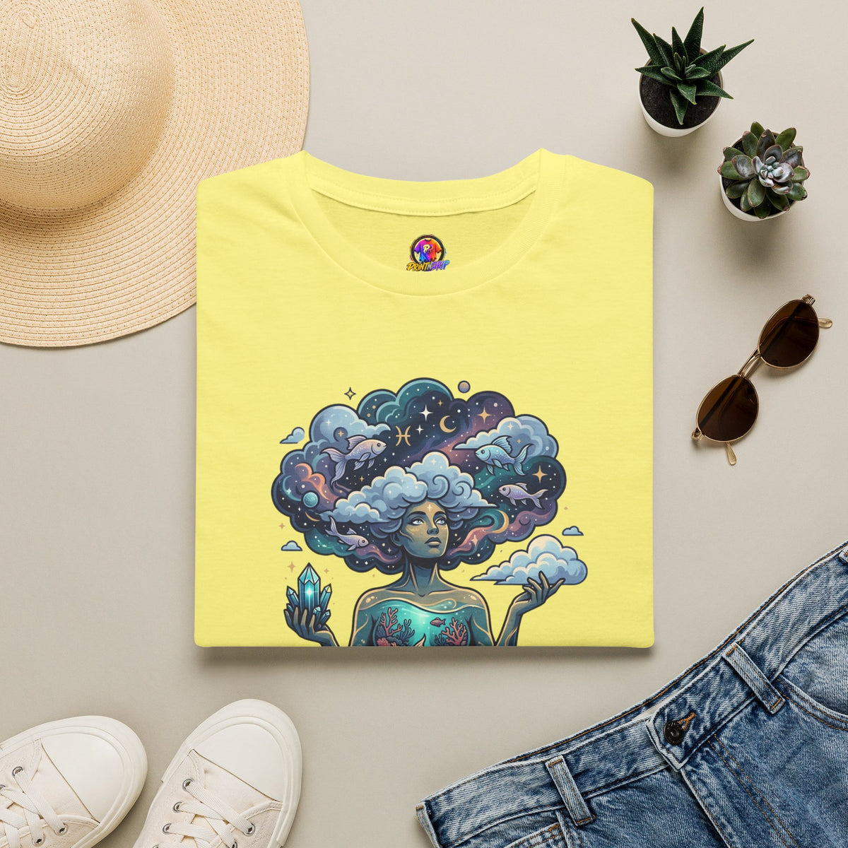 Pisces Zodiac in the Clouds T-Shirt — Dreamy Cosmic Woman Graphic Tee